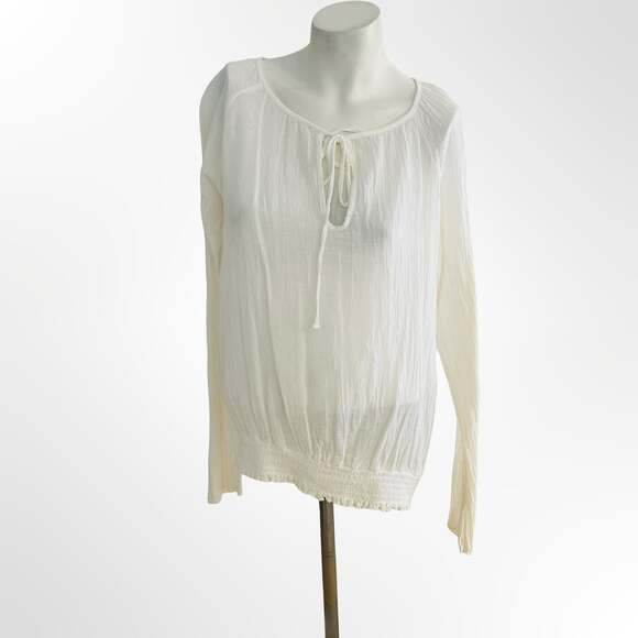 Grassroots Tops - Grassroots White 100% Cotton Gauze Peasant Blouse Long Sleeve Tie Neck